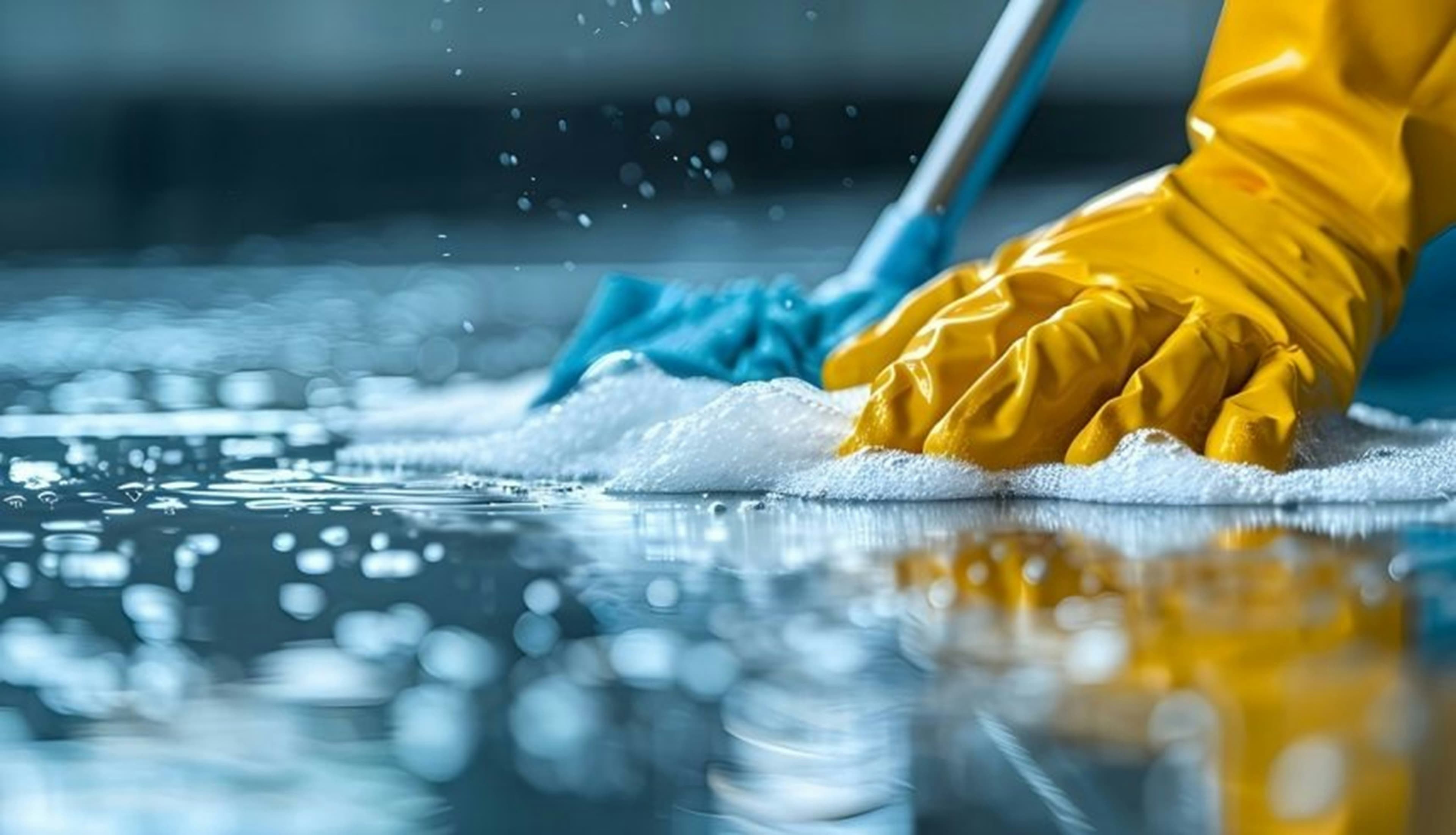 Gloved hand holding a sudsy sponge